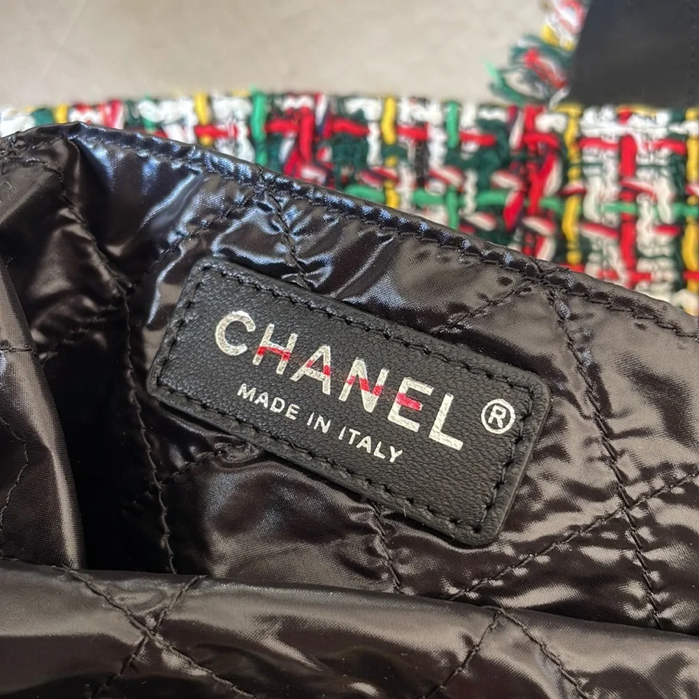 Chanel tweed no 5 tote shopper multi color bag black patent logo shoulder bag
